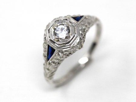 White Sapphire Ring - 18k White Gold Filigree Engagement Fine Jewelry - Vintage 1930 Size 5 1 2 Wedding Diamond Bridal Blue Accent Jewelry Discount