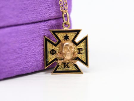 Sale - Phi Kappa Sigma Necklace - Vintage 10k Yellow Gold Fraternity Conversion Pendant - 1930s Enamel Crossbone Skull Memento Mori Jewelry Sale