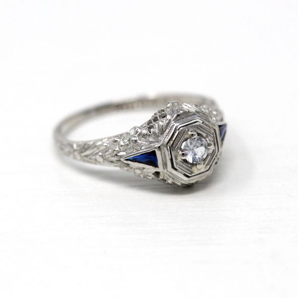 White Sapphire Ring - 18k White Gold Filigree Engagement Fine Jewelry - Vintage 1930 Size 5 1 2 Wedding Diamond Bridal Blue Accent Jewelry Discount