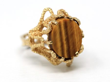 Tiger s Eye Ring - Retro 10k Yellow Gold Genuine Brown Gemstone Statement - Vintage Circa 1970s Era Size 6 3 4 New Old Stock Fine Jewelry Sale