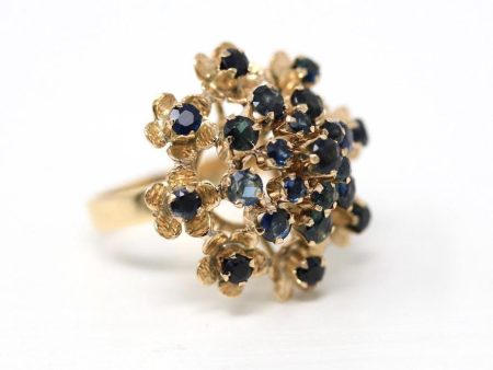 Thai Princess Ring - Retro 10k Yellow Gold Genuine Blue Sapphire Flower Faceted Gems - Vintage Circa 1960s Size 6.5 Statement Fine Jewelry Discount