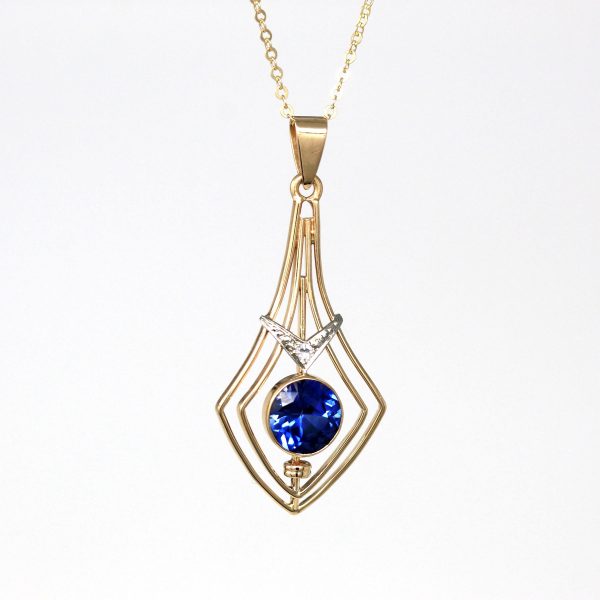 Vintage Lavalier Necklace - Retro 14k Yellow Gold Created Blue Sapphire & Diamond Pendant Charm - 1940s September Birthstone Fine Jewelry Online Sale